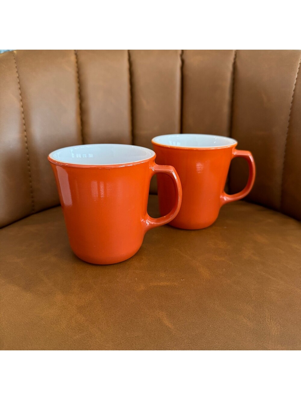 Vintage Pyrex Orange Coffee Mugs Set of 2 Handle White